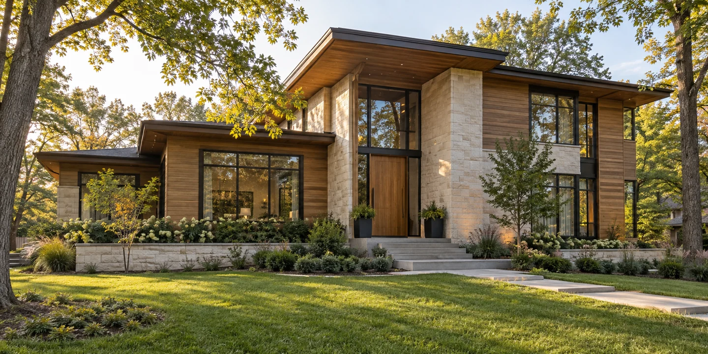 Contemporary luxury home with cedar siding, stone walls and landscaped grounds