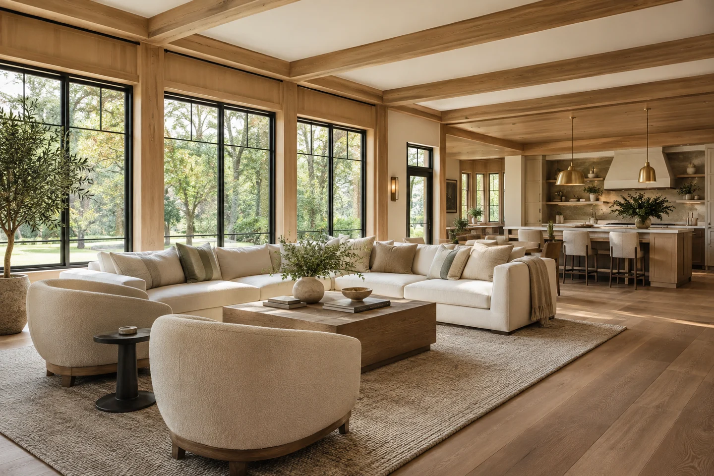 Luxury living room with natural oak finishes, cream furniture and large windows